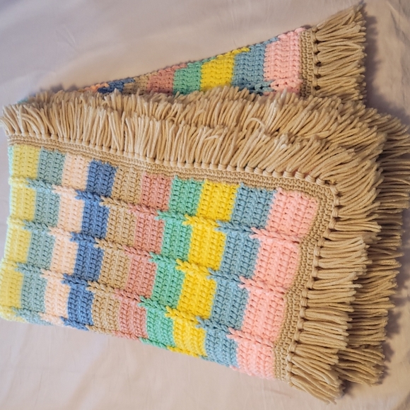 Handmade knitted blanket throw with fringe trim multi rainbow colours - Picture 1 of 7